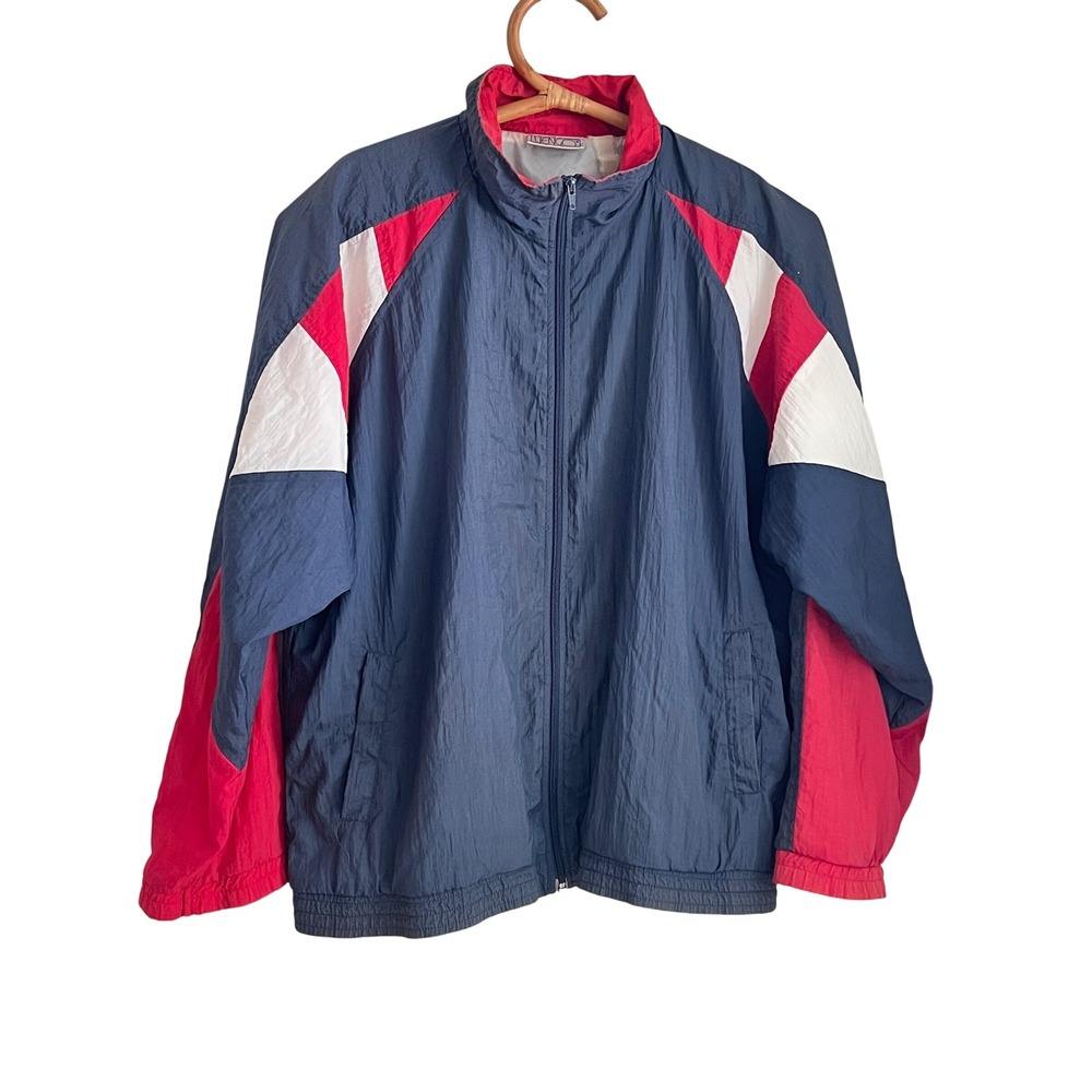 Vengo Vtg Windbreaker L Mens 80s Vintage Colorblock Navy Red White Retro Jacket